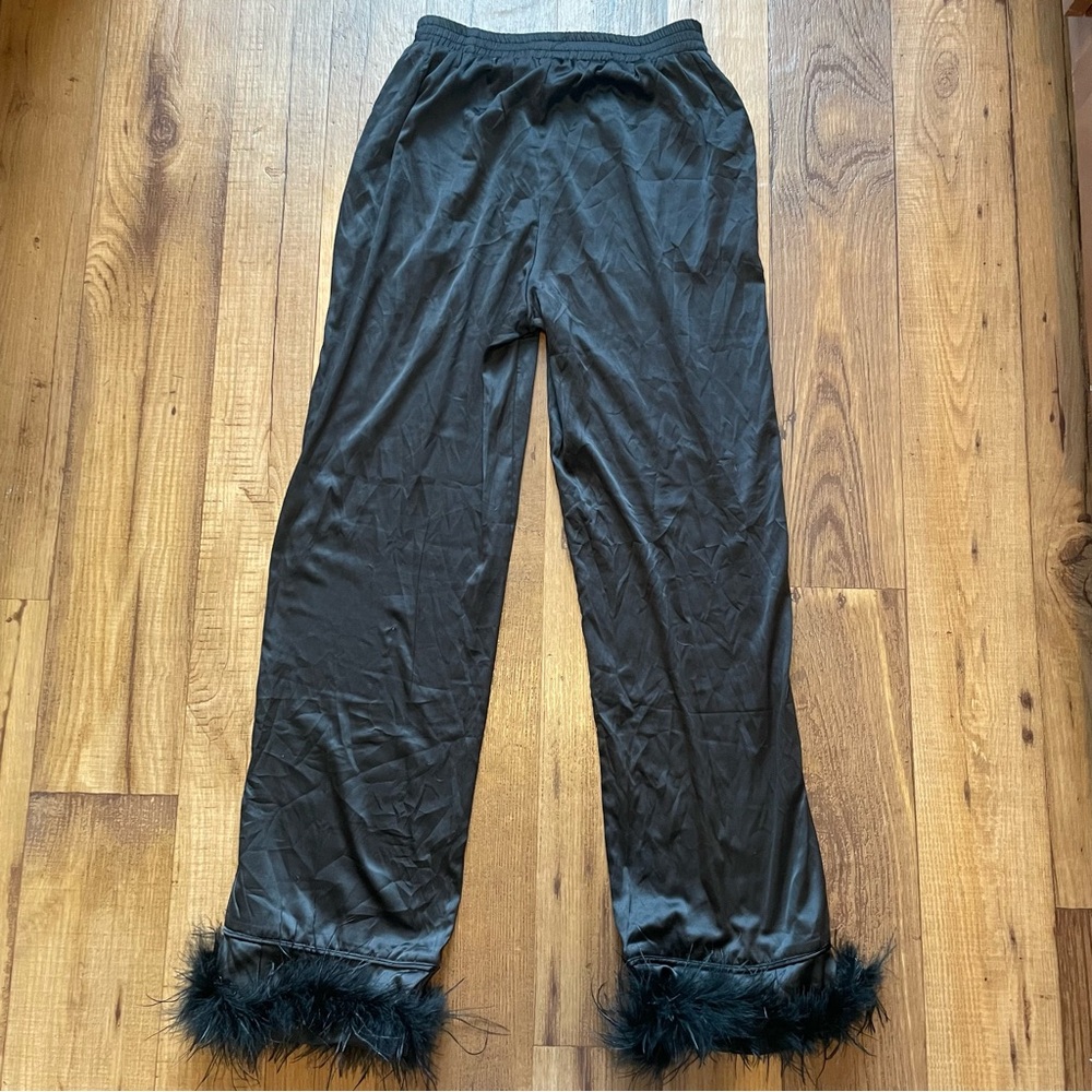 Nasty Gal Black Feather Trim High Rise Wide Leg Satin Pants